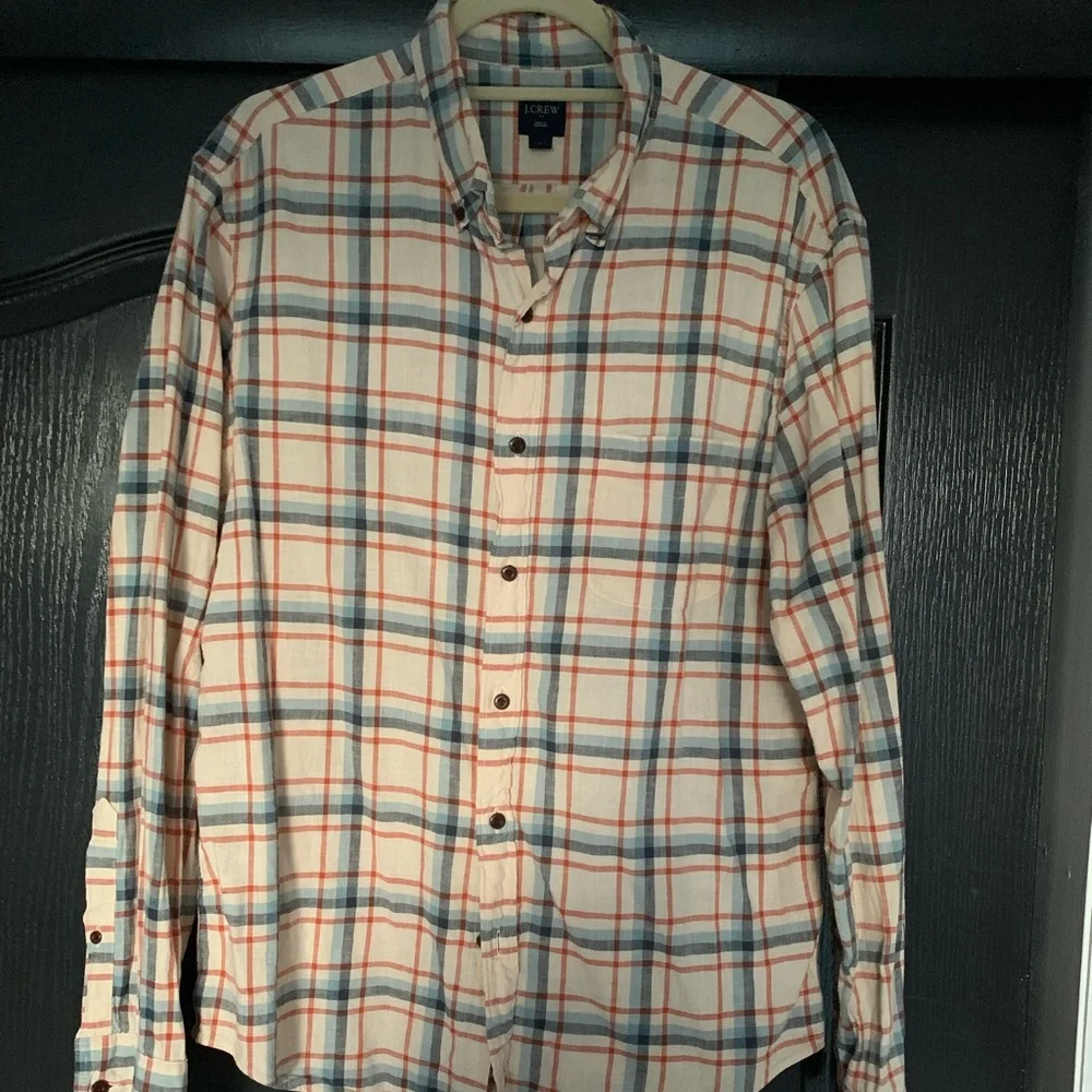 J.Crew Homespun Plaid Shirt Mens L White Orange Blue